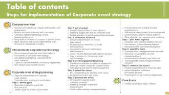 Table Of Contents Steps For Implementation Of Corporate Event Strategy