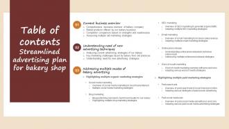 Table Of Contents Streamlined Advertising Plan For Bakery Shop Ppt Slides