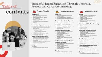 Table Of Contents Successful Brand Expansion Through Umbrella Product And Corporate Branding