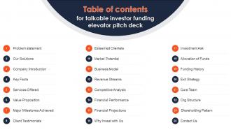 Table Of Contents Talkable Investor Funding Elevator Pitch Deck