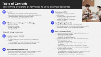 Table Of Contents Transforming Corporate Performance To Boost Existing Capabilities