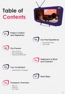 Table Of Contents Tv Advertisement Service Proposal One Pager Sample Example Document