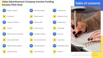 Table Of Contents Video Advertisement Company Investor Funding Elevator Pitch Deck