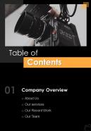 Table Of Contents Videography One Pager Sample Example Document