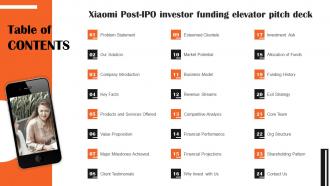 Table Of Contents Xiaomi Post Ipo Investor Funding Elevator Pitch Deck
