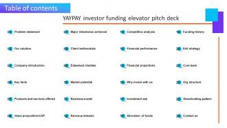 Table Of Contents Yaypay Investor Funding Elevator Pitch Deck