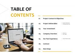 Table of contents your investment a408 ppt powerpoint presentation inspiration design inspiration