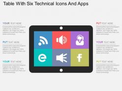 Table with six technical icons and apps flat powerpoint design