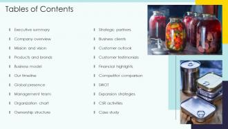 Tables Of Contents Canned Food Company Profile Ppt Powerpoint Presentation Icon Graphics Download