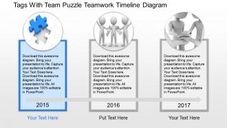 Tags with team puzzle teamwork timeline diagram powerpoint template slide