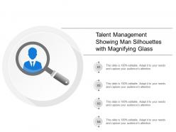 Talent management showing man silhouettes with magnifying glass