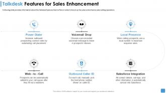 Talkdesk features for sales enhancement talkdesk funding elevator ppt deck