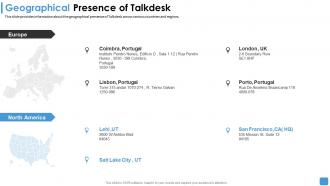 Talkdesk funding elevator geographical presence of talkdesk ppt ideas elements