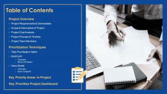 Task prioritization table of contents ppt summary introduction