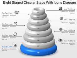 Te eight staged circular steps with icons diagram powerpoint template slide