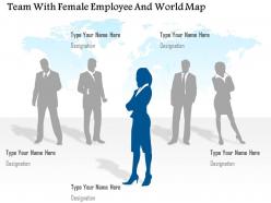 Team with female employee and world map ppt presentation slides
