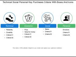 Technical social personal key purchases criteria with boxes and icons