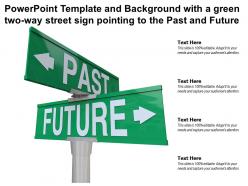 Template and background with a green two way street sign pointing to the past and future