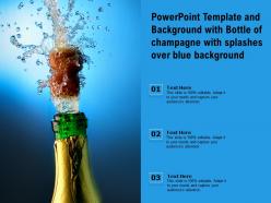 Template and background with bottle of champagne with splashes over blue background