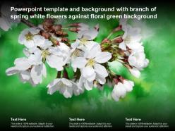 Template and background with branch of spring white flowers against floral green background