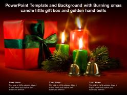 Template and background with burning xmas candle little gift box and golden hand bells