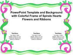 Template and background with colorful frame of spirals hearts flowers and ribbons