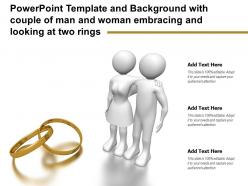 Template and background with couple of man and woman embracing and looking at two rings