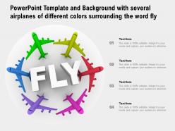 Template and background with several airplanes of different colors surrounding the word fly