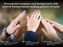 Template and background with several human hands making gesture of unity