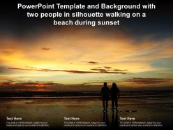 Template and background with two people in silhouette walking on a beach during sunset
