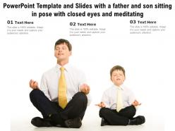 Template and slides with a father and son sitting in pose with closed eyes and meditating