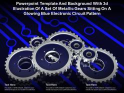 Template with 3d illustration of a set of metallic gears sitting on a glowing blue electronic circuit pattern