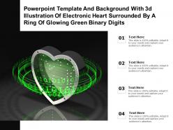 Template with 3d illustration of electronic heart surrounded by a ring of glowing green binary digits