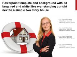 Template with 3d large red and white lifesaver standing upright next to a simple two story house