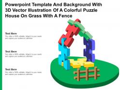 Template with 3d vector illustration of a colorful puzzle house on grass with a fence