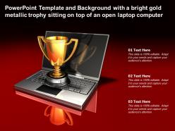 Template with a bright gold metallic trophy sitting on top of an open laptop computer