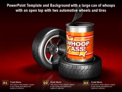Template with a large can of whoops with an open top with two automotive wheels and tires