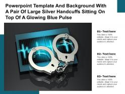 Template with a pair of large silver handcuffs sitting on top of a glowing blue pulse