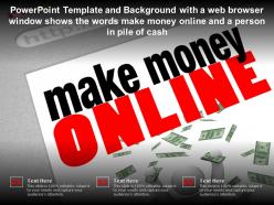 Template with a web browser window shows words make money online and a person in pile of cash