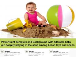 Template with adorable baby girl happily playing in the sand among beach toys and shells