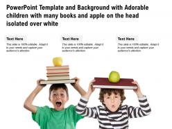 Template with adorable children with many books and apple on the head isolated over white