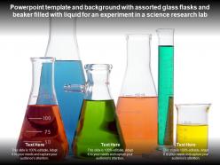 Template with assorted glass flasks beaker filled with liquid for an experiment in a science research lab