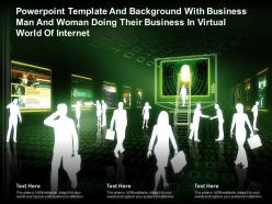 Template with business man and woman doing their business in virtual world of internet