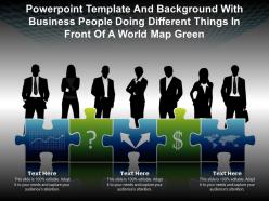 Template with business people doing different things in front of a world map green