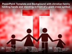 Template with christian family holding hands and standing in front of a giant cross symbol