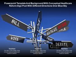 Template with conceptual healthcare reform sign post with different directions over blue sky