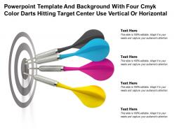 Template with four cmyk color darts hitting target center use vertical or horizontal