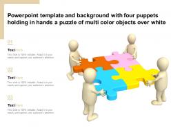 Template with four puppets holding in hands a puzzle of multi color objects over white
