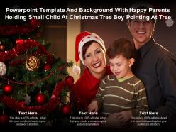 Template with happy parents holding small child at christmas tree boy pointing at tree