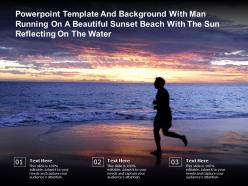 Template with man running on a beautiful sunset beach with the sun reflecting on the water